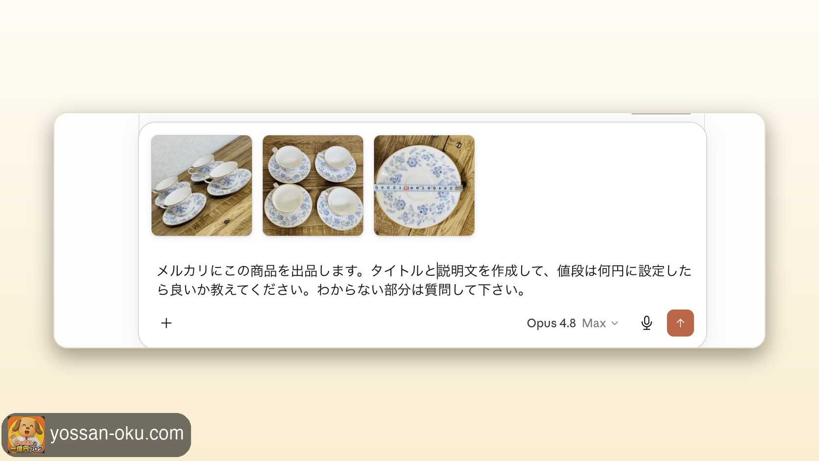 スマホで撮った商品写真をそのままAIに渡して出品文・値段を相談している実際の画面