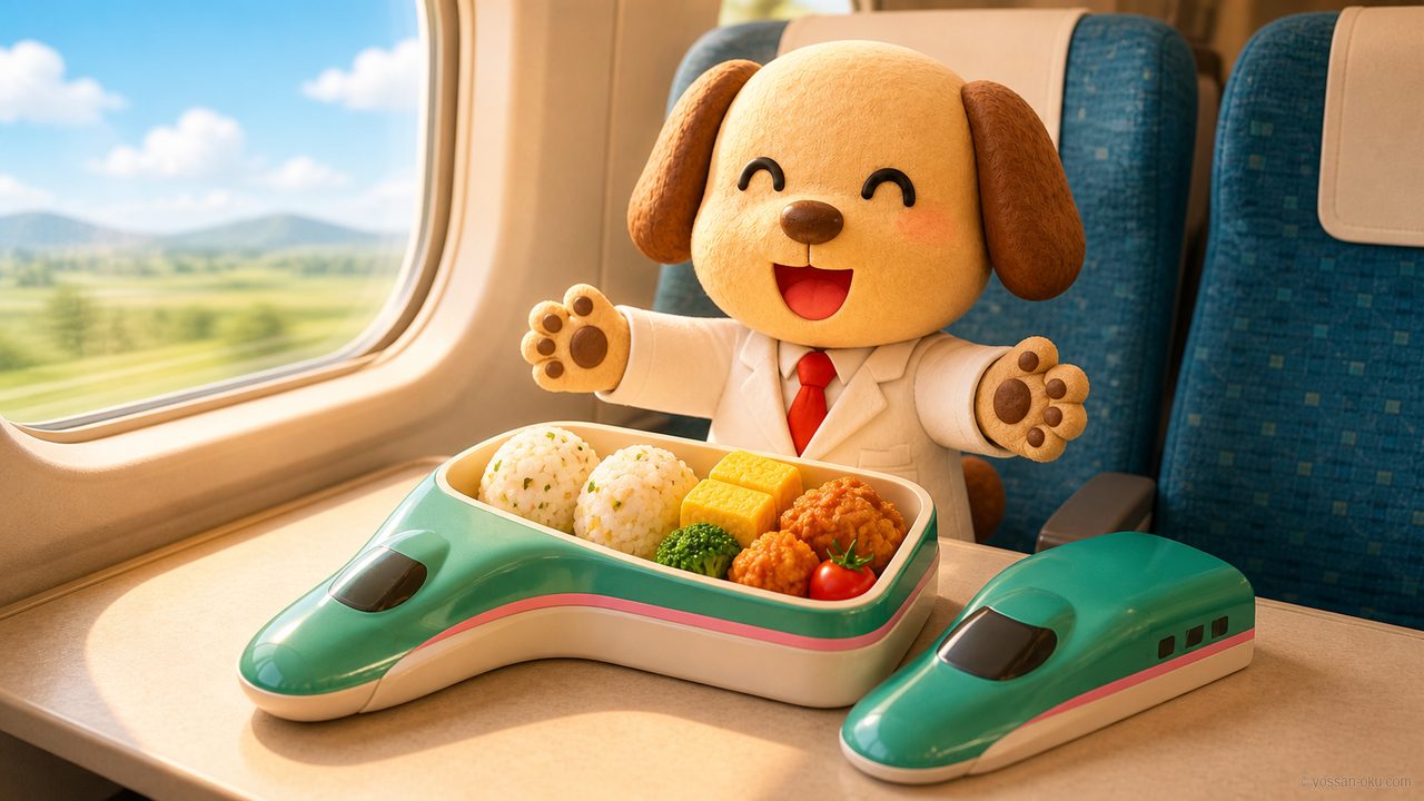 はやぶさ型のお弁当を紹介するワンさん