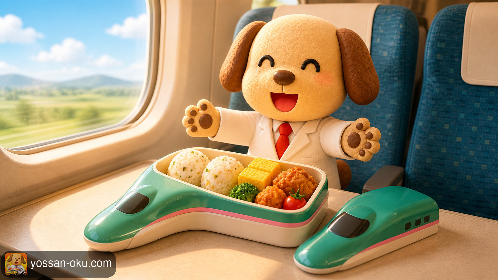 はやぶさ型のお弁当を紹介するワンさん
