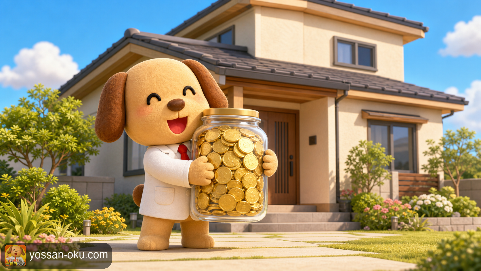 お金の入った瓶を抱えて、新しい家の前に立つワンさん