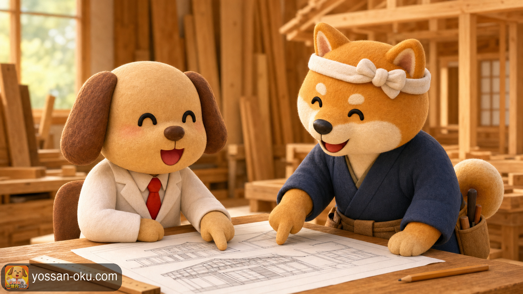 家の設計図を広げて、棟梁の柴犬さんと打ち合わせをするワンさん