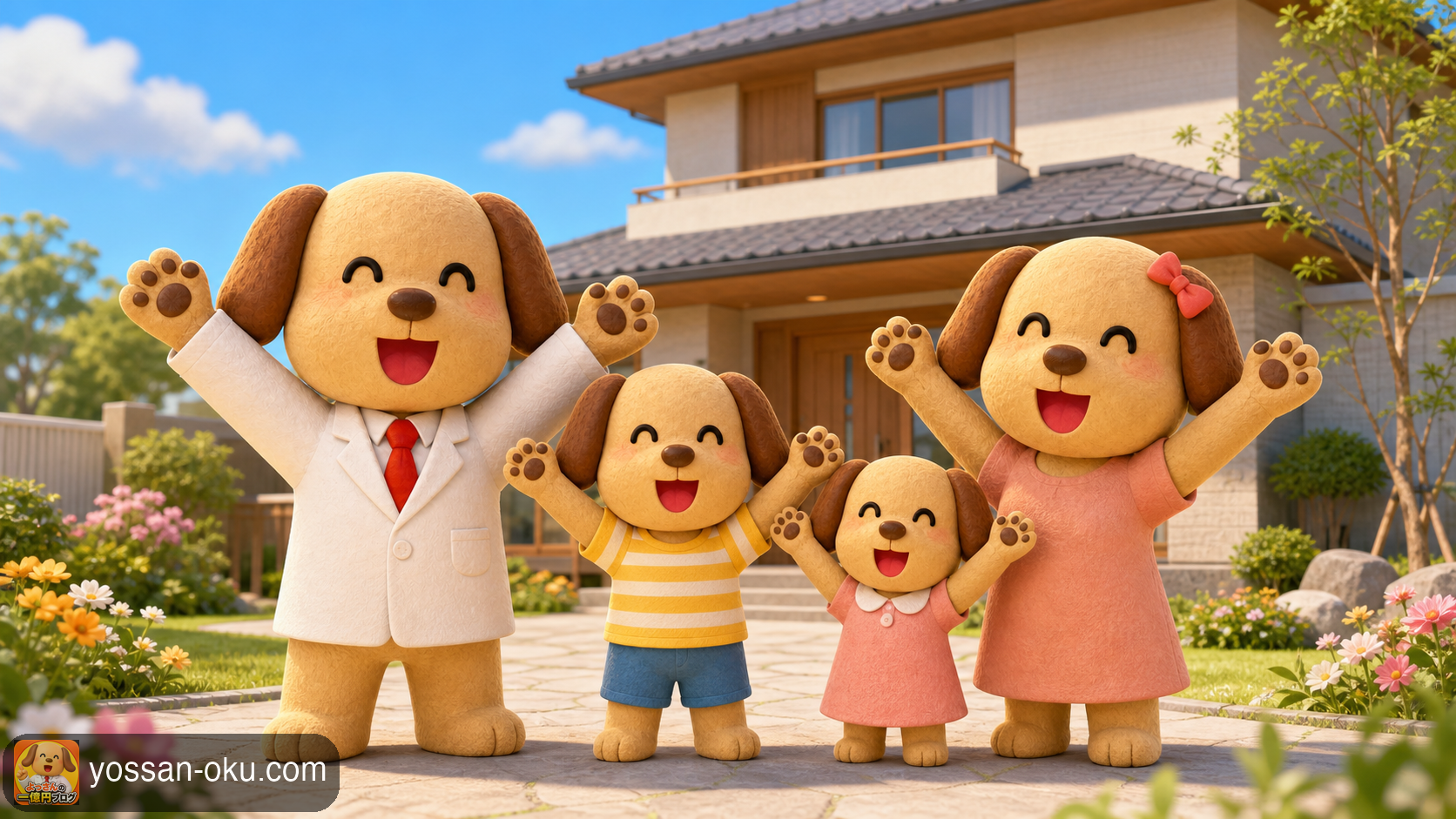 家族と新しい家の前で、バンザイして喜ぶワンさん一家