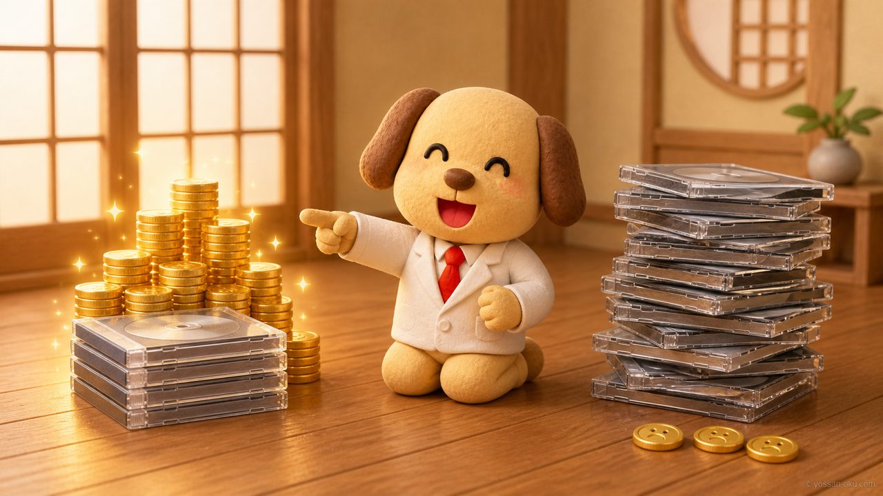 4æã«ãŸãšããCDã®æšªã«é貚ã®å±±ã10æç©ãã CDã®æšªã«ã¯ã³ã€ã³3æ