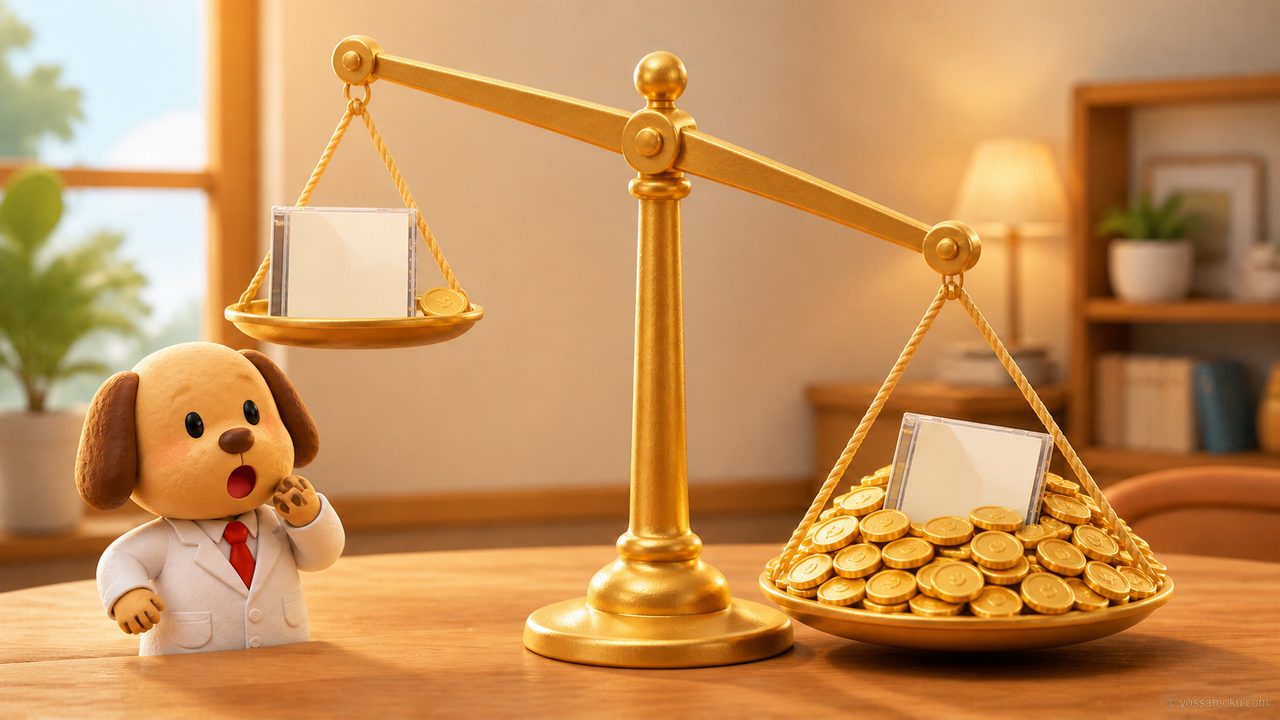 倩秀ã®å·Šã«1æã®CDãšã³ã€ã³1æãå³ã«åããããªCDãšé貚ã®å±±