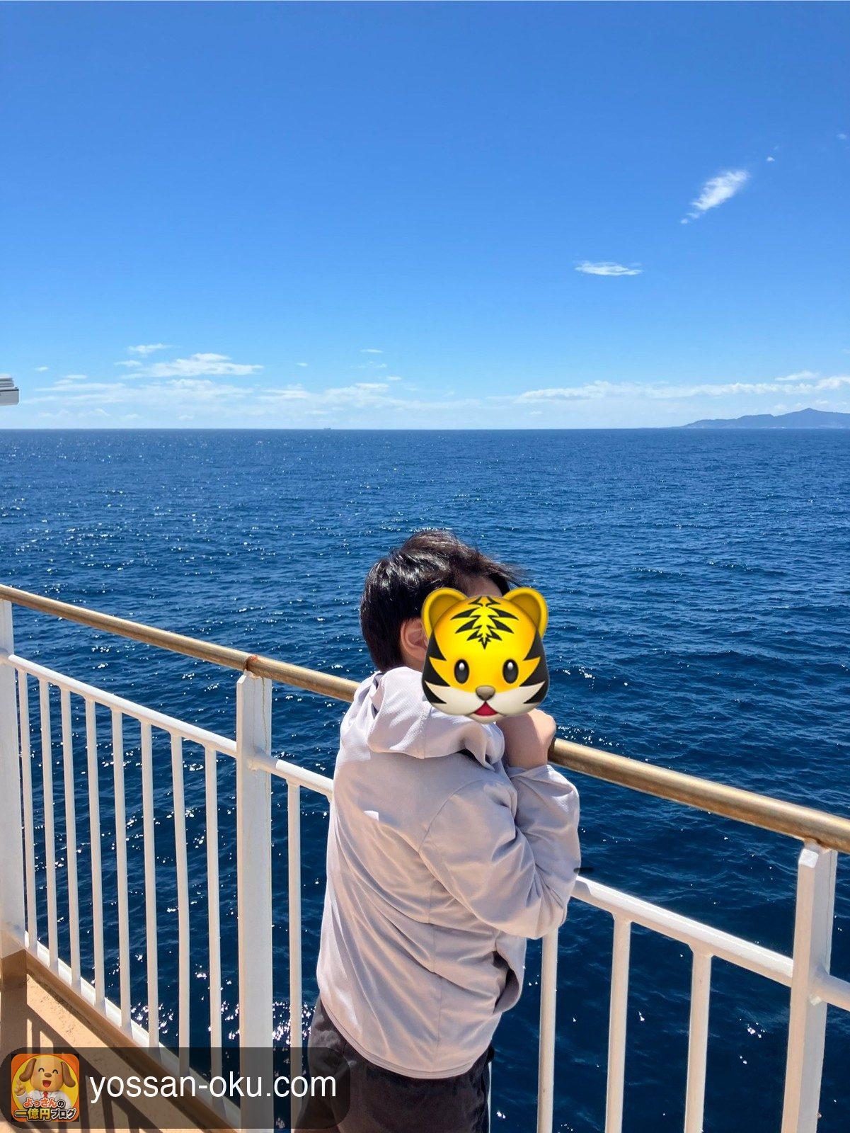 デッキから海を眺める息子