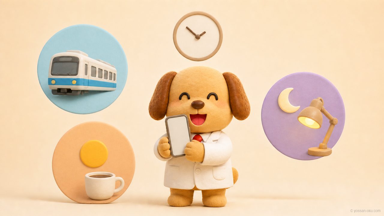 通勤・朝・夜の3つに分けて副業の時間を作るイメージ