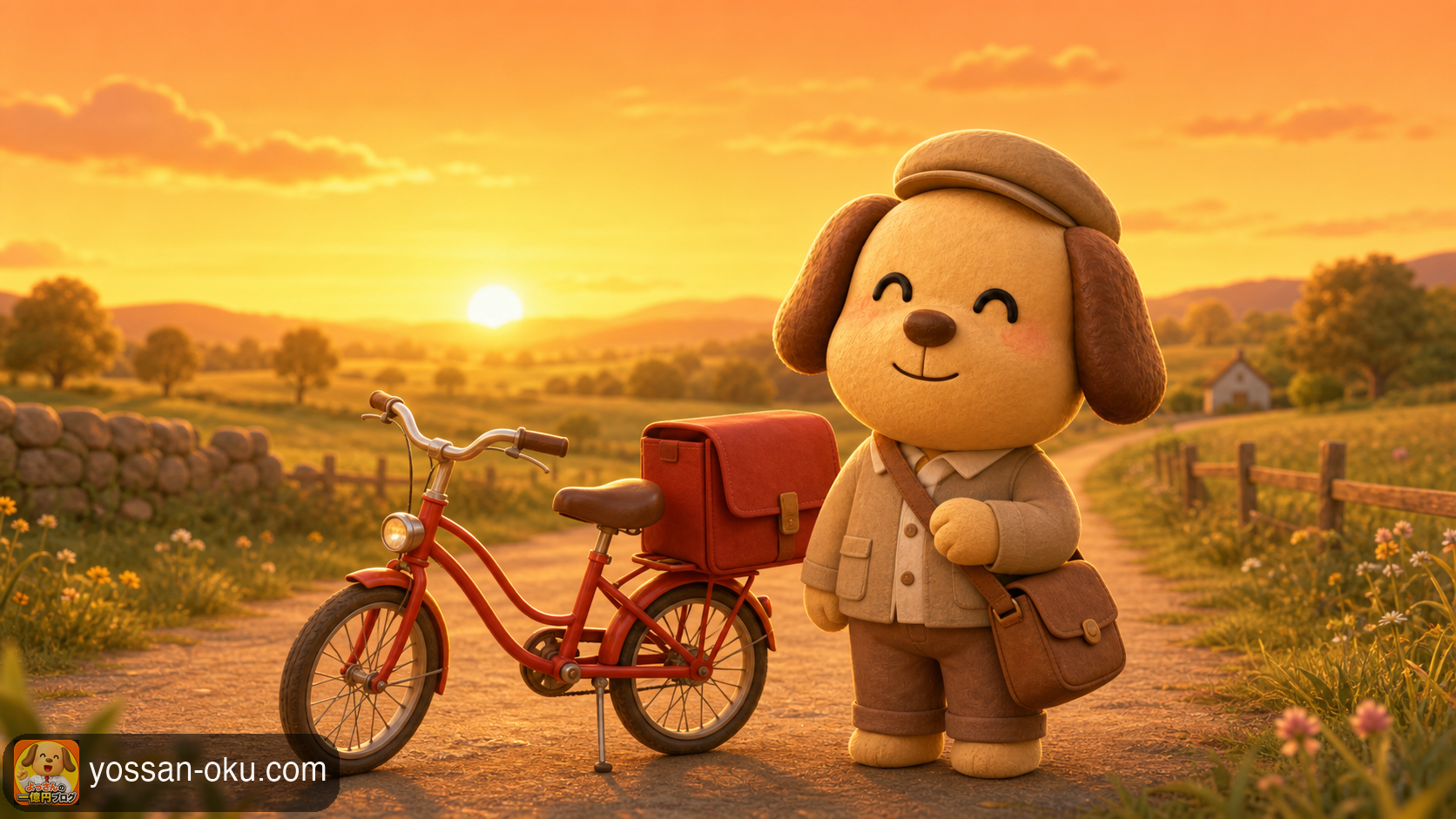 夕焼けの道を、郵便自転車のそばで前を向くワンさん