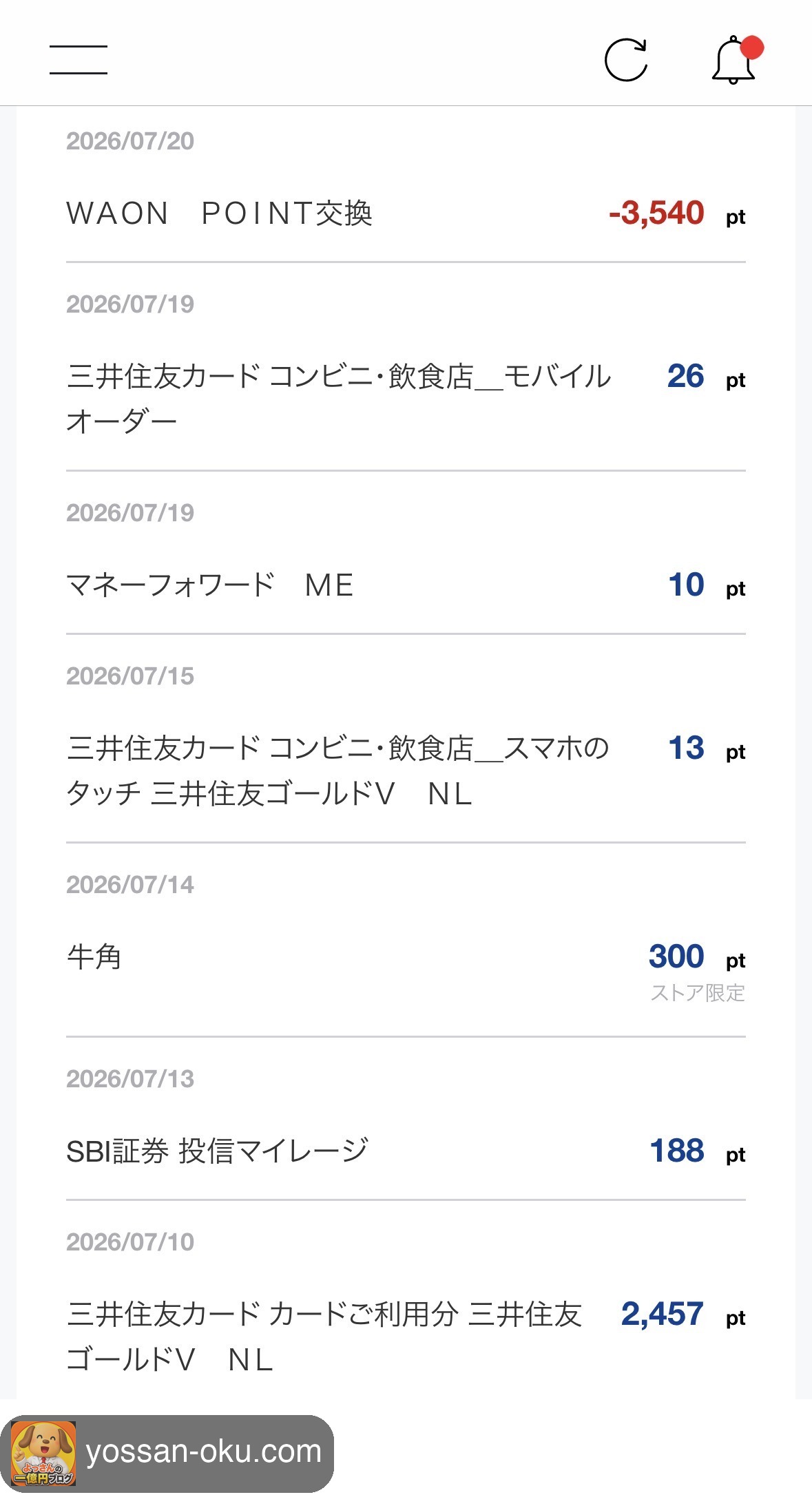 Vポイントの履歴画面。カード利用分2,457ptなどが自動で貯まっている